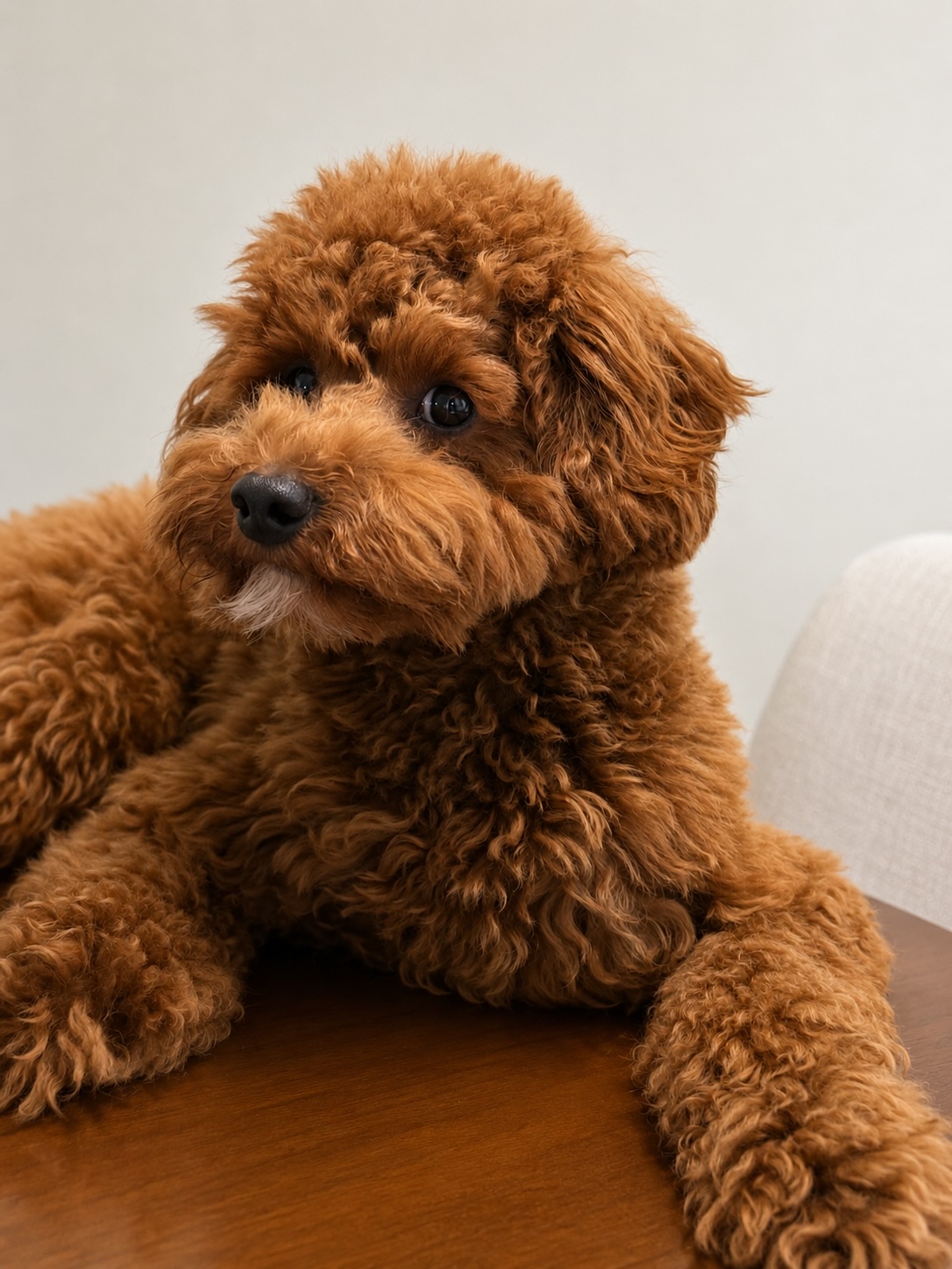 Close-up of Titicaca’s deep red curly coat and black nose